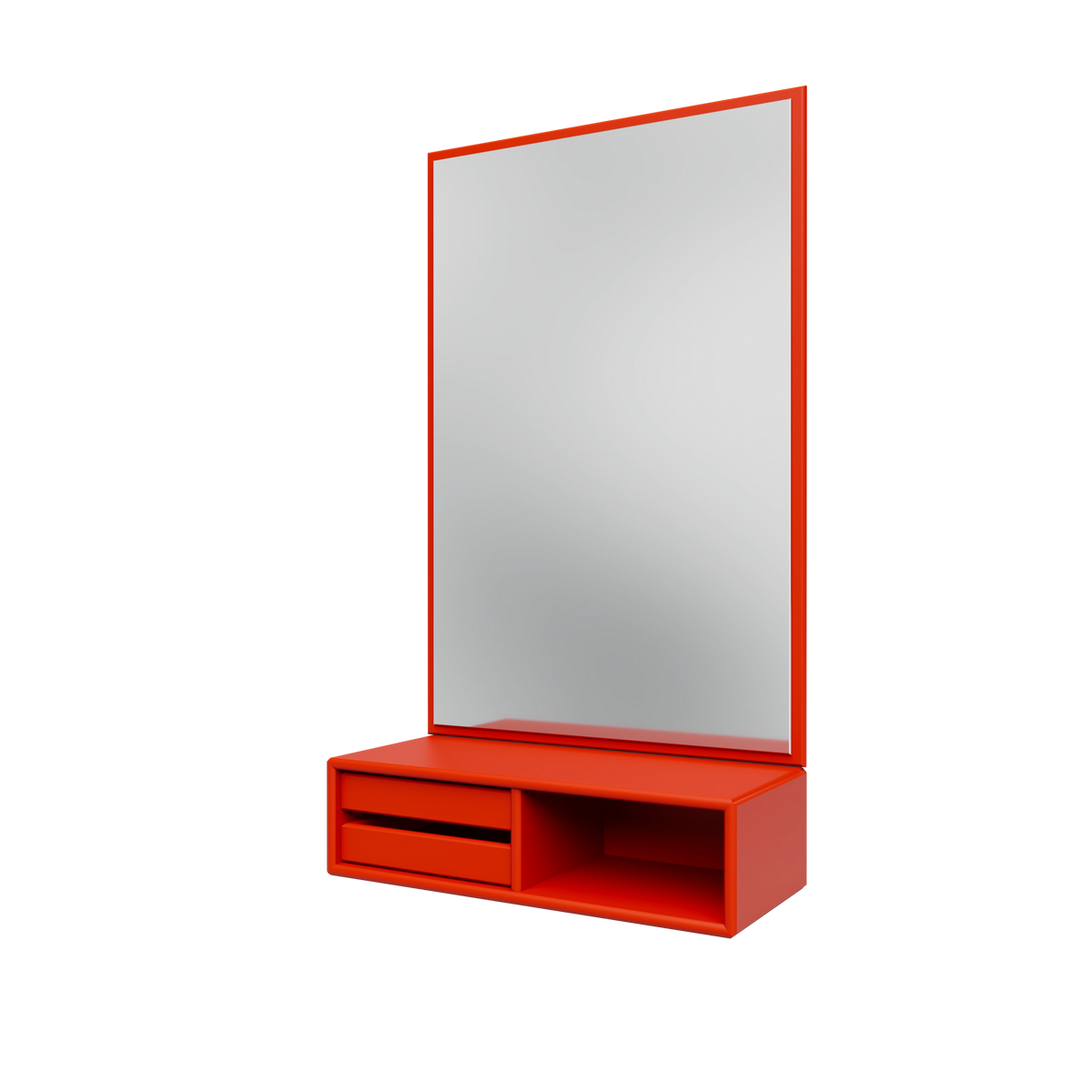 Miroir Glance Montana, laque 145 Rosehip, suspendu au rail mural, vue de trois quarts sur fond blanc