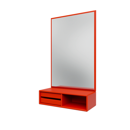 Miroir Glance Montana, laque 145 Rosehip, suspendu au rail mural, vue de trois quarts sur fond blanc