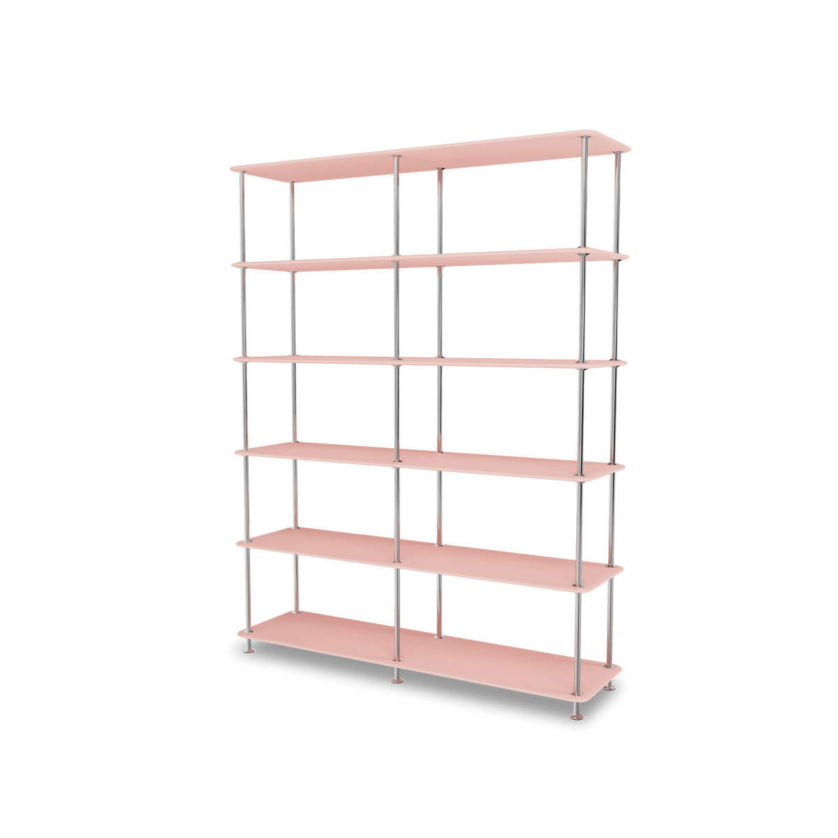 Etagère Free 550000 Montana, tablettes 167 Ruby et structure 44C Chrome, vue de trois quarts sur fond blanc