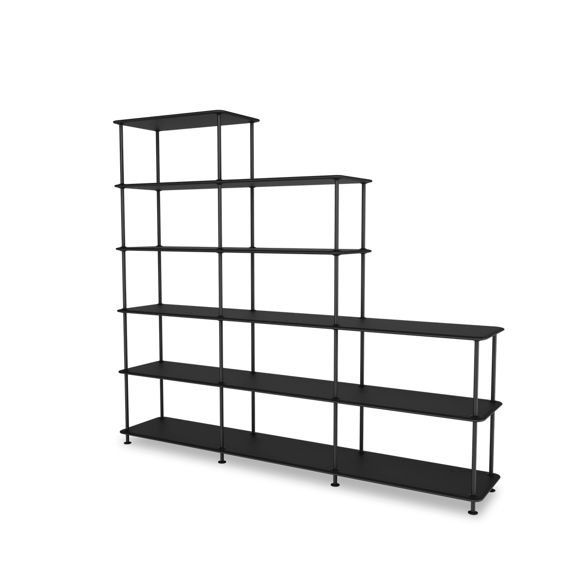 Etagère Free 542000 Montana, tablettes 207 Black et structure 05 Black, vue de trois quarts sur fond blanc
