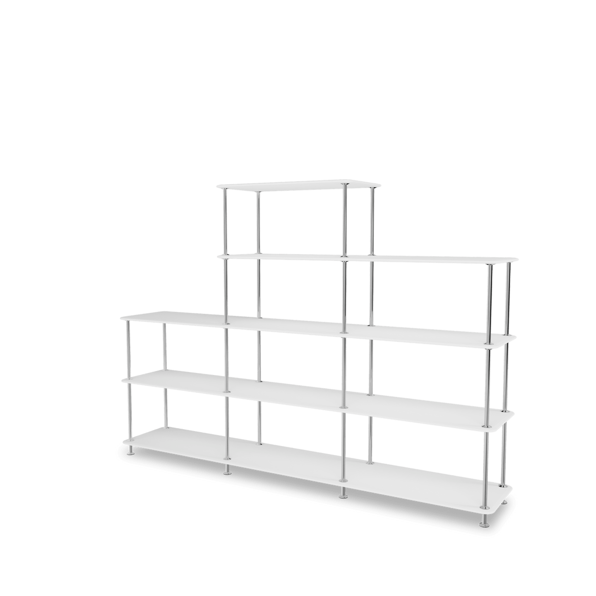 Etagère Free 342000 Montana, tablettes 214 New White et structure 44C Chrome, vue de trois quarts sur fond blanc