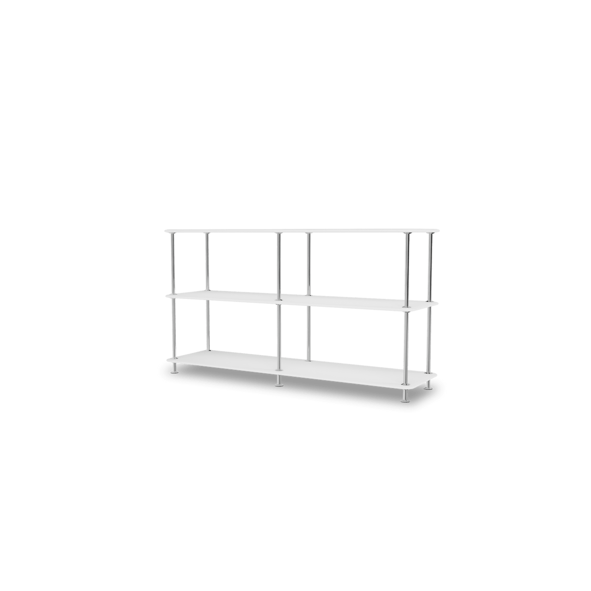 Etagère Free 220000 Montana, tablettes 214 New White et structure 44C Chrome, vue de trois quarts sur fond blanc
