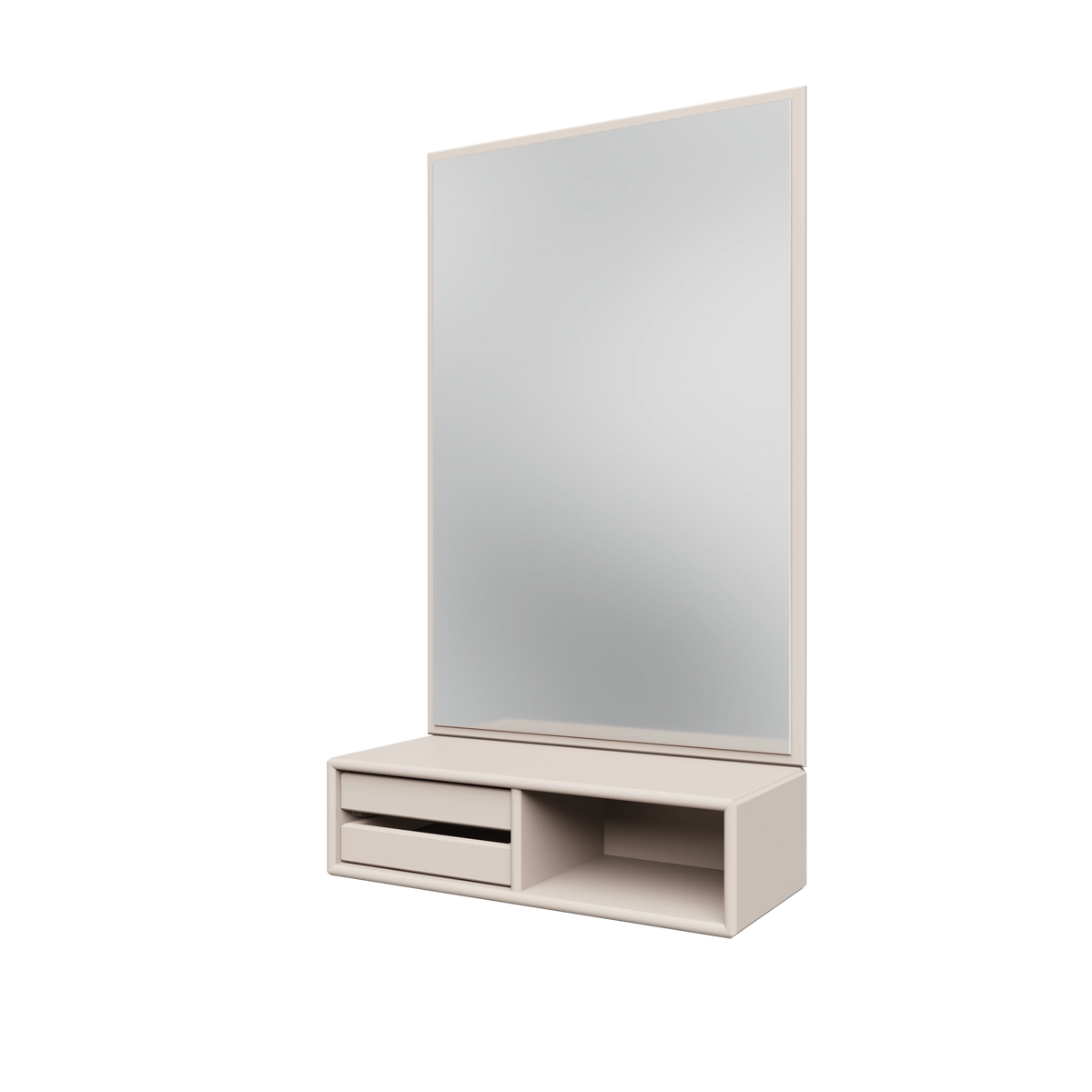 Miroir Glance Montana, laque 158 Oat, suspendu au rail mural, vue de trois quarts sur fond blanc