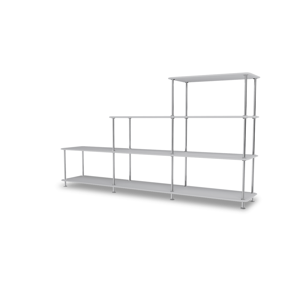 Etagère Free 321000 Montana, tablettes 209 Fjord et structure 44C Chrome, vue de trois quarts sur fond blanc