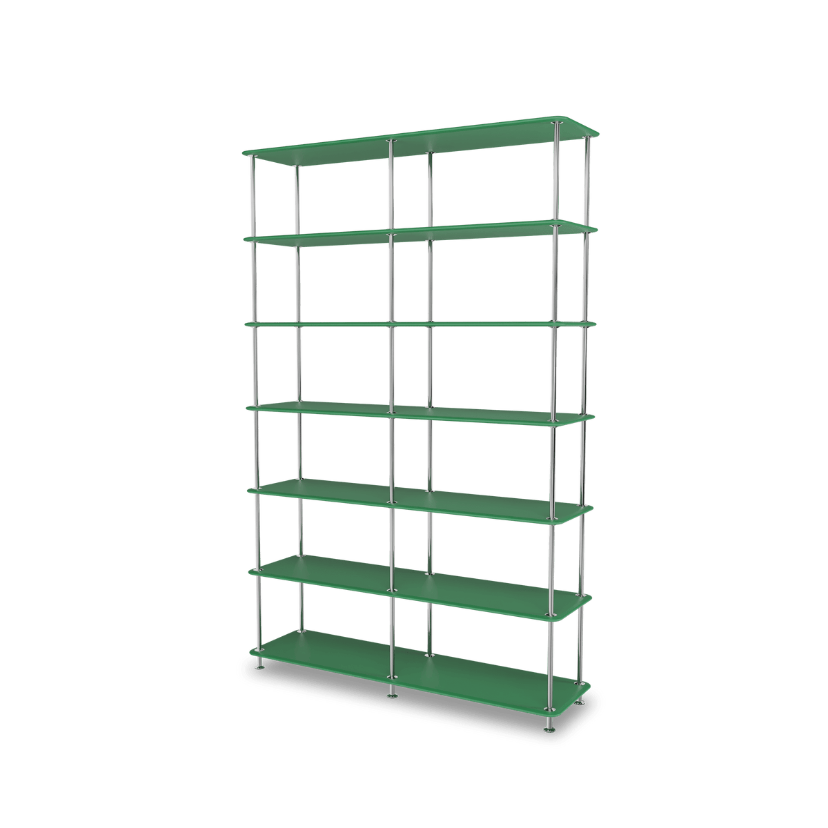 Etagère Free 660000 Montana, tablettes 232 Parsley et structure 44C Chrome, vue de trois quarts sur fond blanc