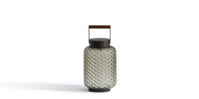 Lampe portable Ficupala Outdoor - Cassina-lanterne en verre fumé ondulé, anse en bois-Cassina