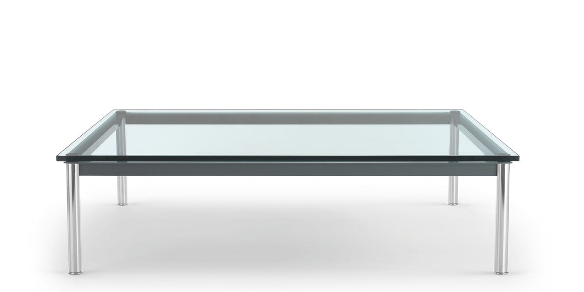 Table basse 10 en tube (LC10) - Cassina-vue de face, plateau en verre et pieds chromés-Cassina