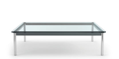 Table basse 10 en tube (LC10) - Cassina-vue de face, plateau en verre et pieds chromés-Cassina