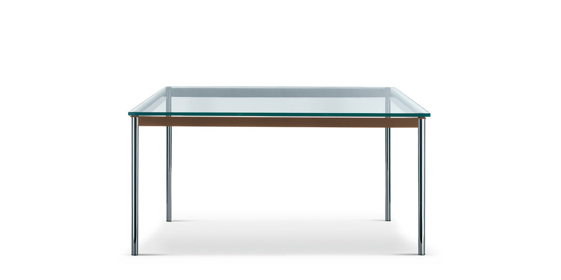 Table 10 en tube (LC10) - Cassina-vue de face, plateau en verre sur piétement chromé-Cassina