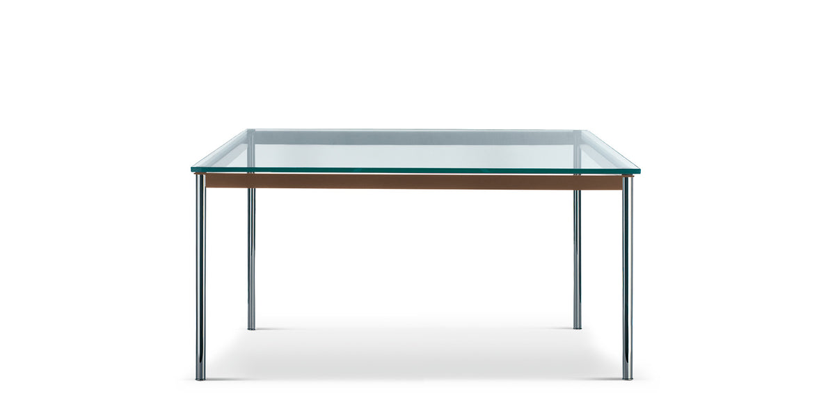 Table 10 en tube (LC10) - Cassina-vue de face, plateau en verre sur piétement chromé-Cassina