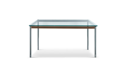 Table 10 en tube (LC10) - Cassina-vue de face, plateau en verre sur piétement chromé-Cassina