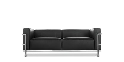 Canapé 3 Grand Confort (LC3) grand modèle, deux places - Cassina-vue de face, cuir noir et structure chromée-Cassina