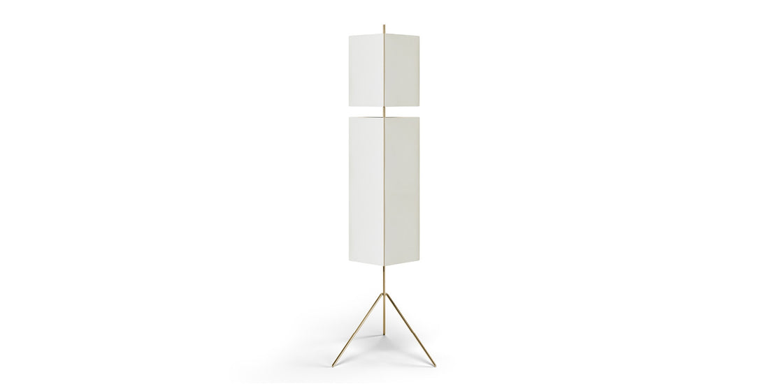 Lampadaire 3to9 de Neri&amp;Hu - Cassina-vue de face, deux volumes blancs sur trépied en laiton-Cassina