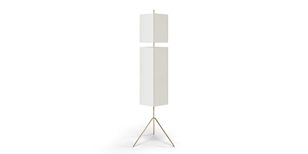 Lampadaire 3to9 de Neri&amp;Hu - Cassina-vue de face, deux volumes blancs sur trépied en laiton-Cassina