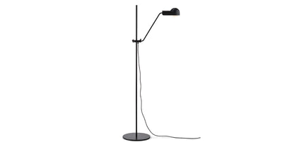 Lampadaire Domo de Joe Colombo - Cassina-vue de face, lampe articulée noire sur pied-Cassina