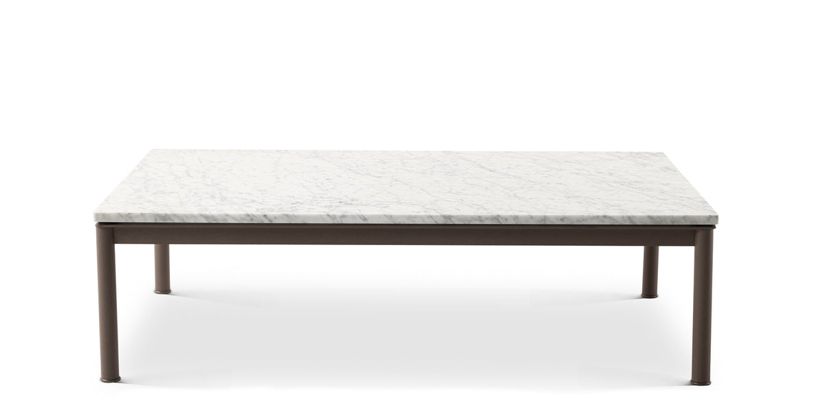 Table basse 10 en tube (LC10), Outdoor - Cassina-vue de face, plateau en marbre blanc, base brune-Cassina