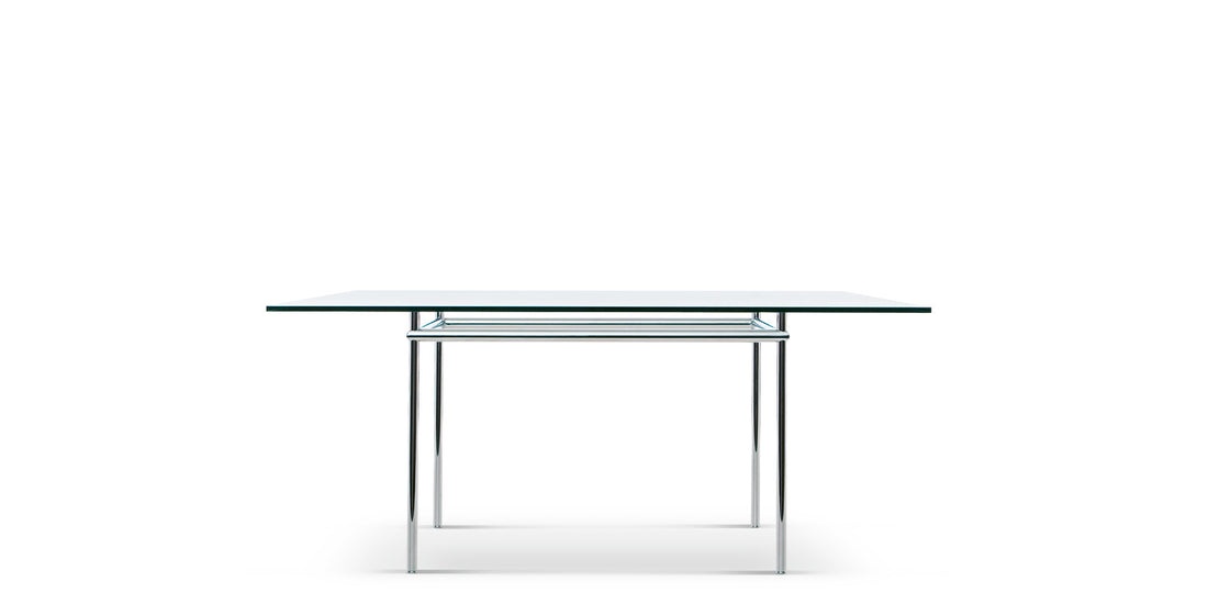 Table La Roche (LC12) de Le Corbusier et Pierre Jeanneret - Cassina-vue de face, plateau en verre et pieds chromés-Cassina