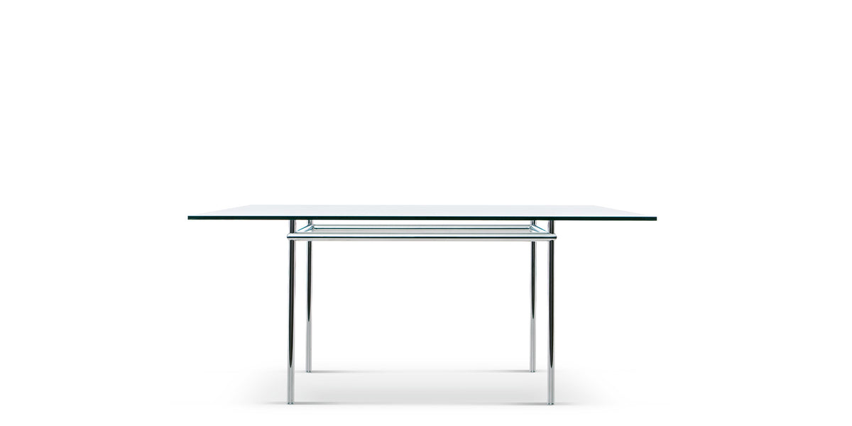 Table La Roche (LC12) de Le Corbusier et Pierre Jeanneret - Cassina-vue de face, plateau en verre et pieds chromés-Cassina
