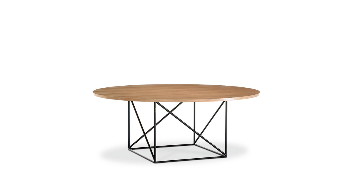 Table de conférence (LC15) de Le Corbusier - Cassina-vue de face, plateau rond en bois et base filaire-Cassina