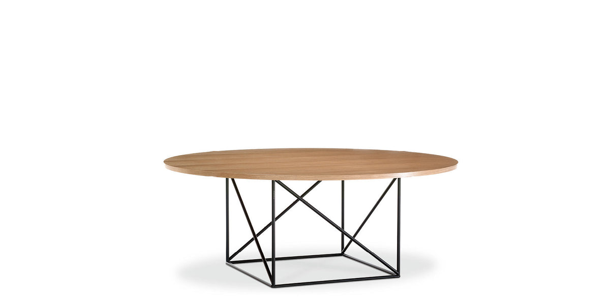 Table de conférence (LC15) de Le Corbusier - Cassina-vue de face, plateau rond en bois et base filaire-Cassina