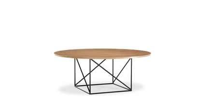 Table de conférence (LC15) de Le Corbusier - Cassina-vue de face, plateau rond en bois et base filaire-Cassina