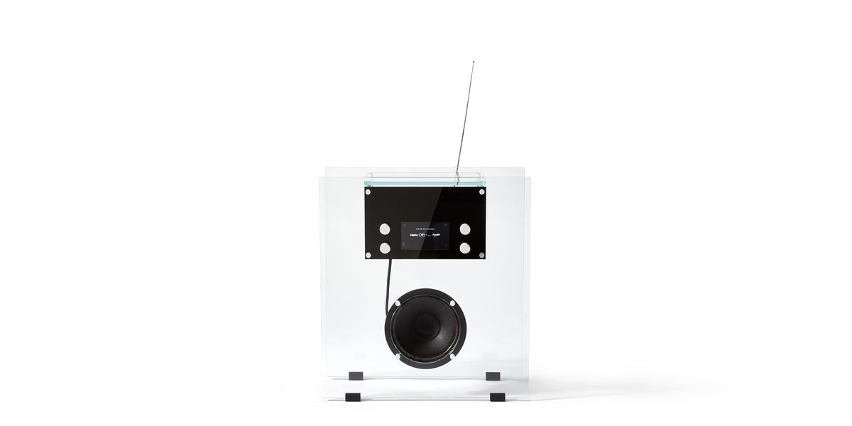 Radio in Cristallo de Franco Albini - Cassina-vue de face, boîtier transparent et haut-parleur-Cassina