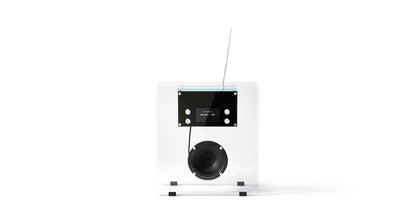 Radio in Cristallo de Franco Albini - Cassina-vue de face, boîtier transparent et haut-parleur-Cassina